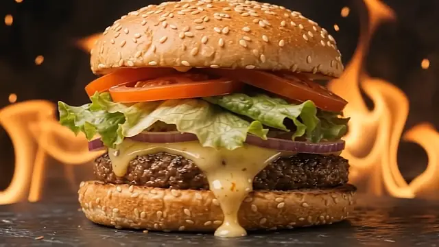 Cheddarı eriyen, ateş önünde tamamlanmış hamburger