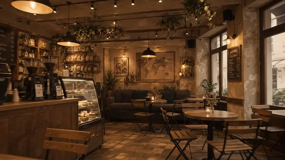 Kitap rafları, sarkıt lambalar ve masalarla kafenin içi